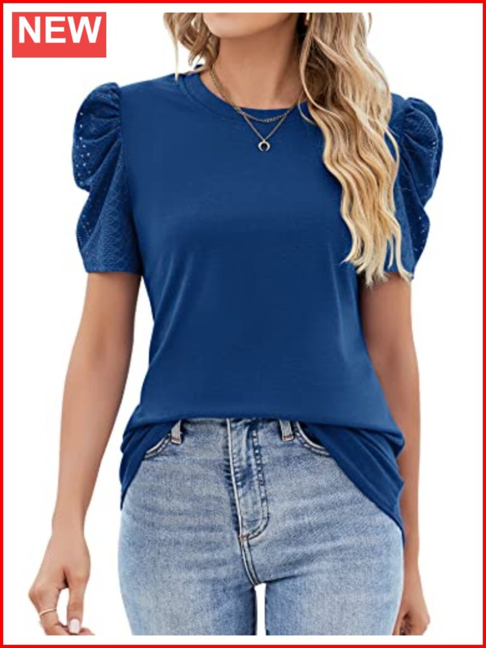 Puff Short Sleeve Eyelet Blouse for Women Loose Fit Crewneck Summer Top